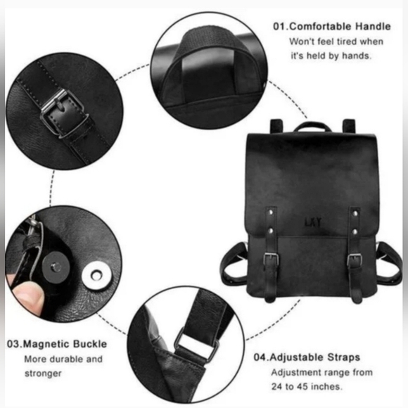 LXY Vegan Leather Backpack Vintage Black LAPTOP - Picture 4 of 16